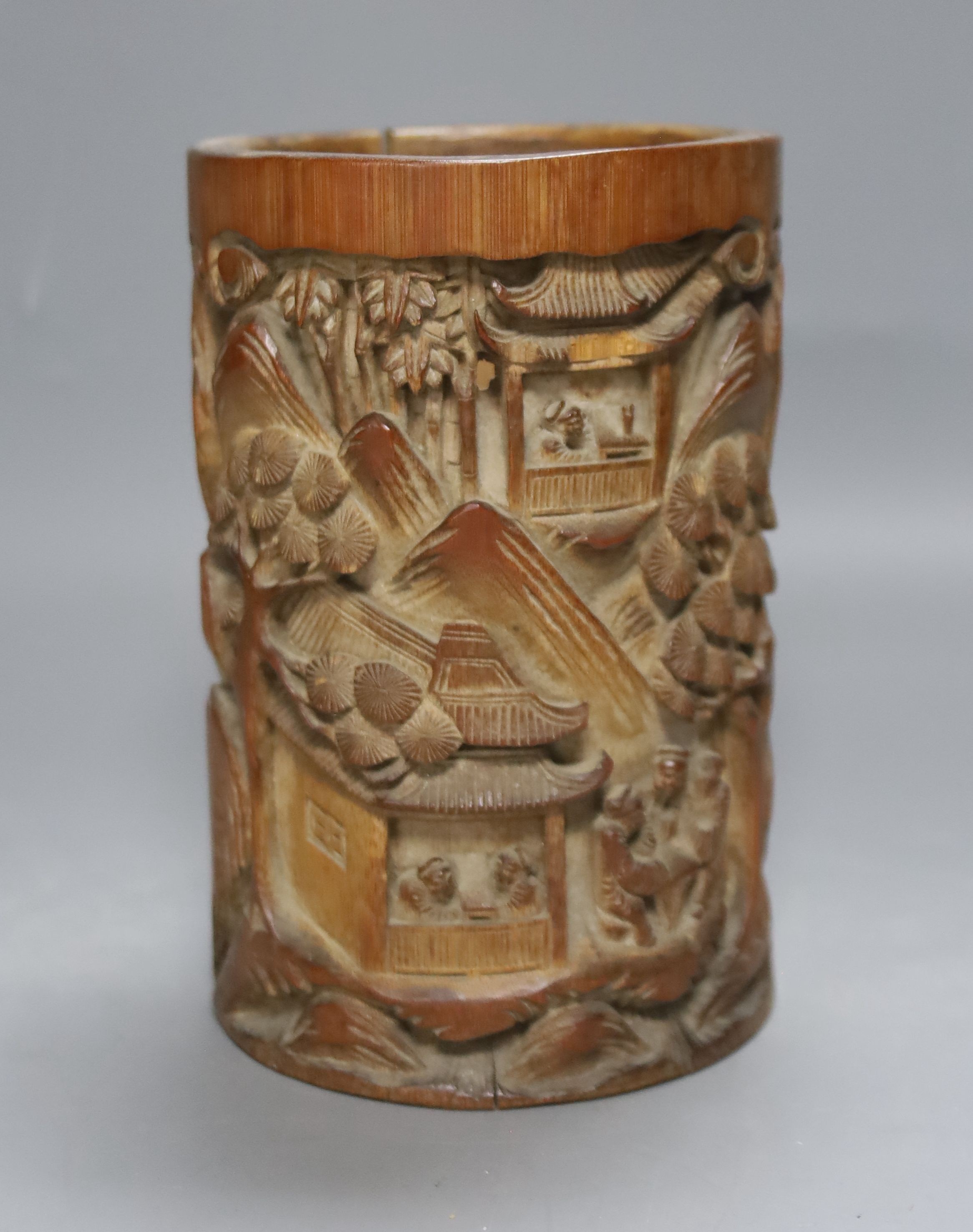 Assortment of Chinese items, bamboo brush pot, coins and photos etc.
